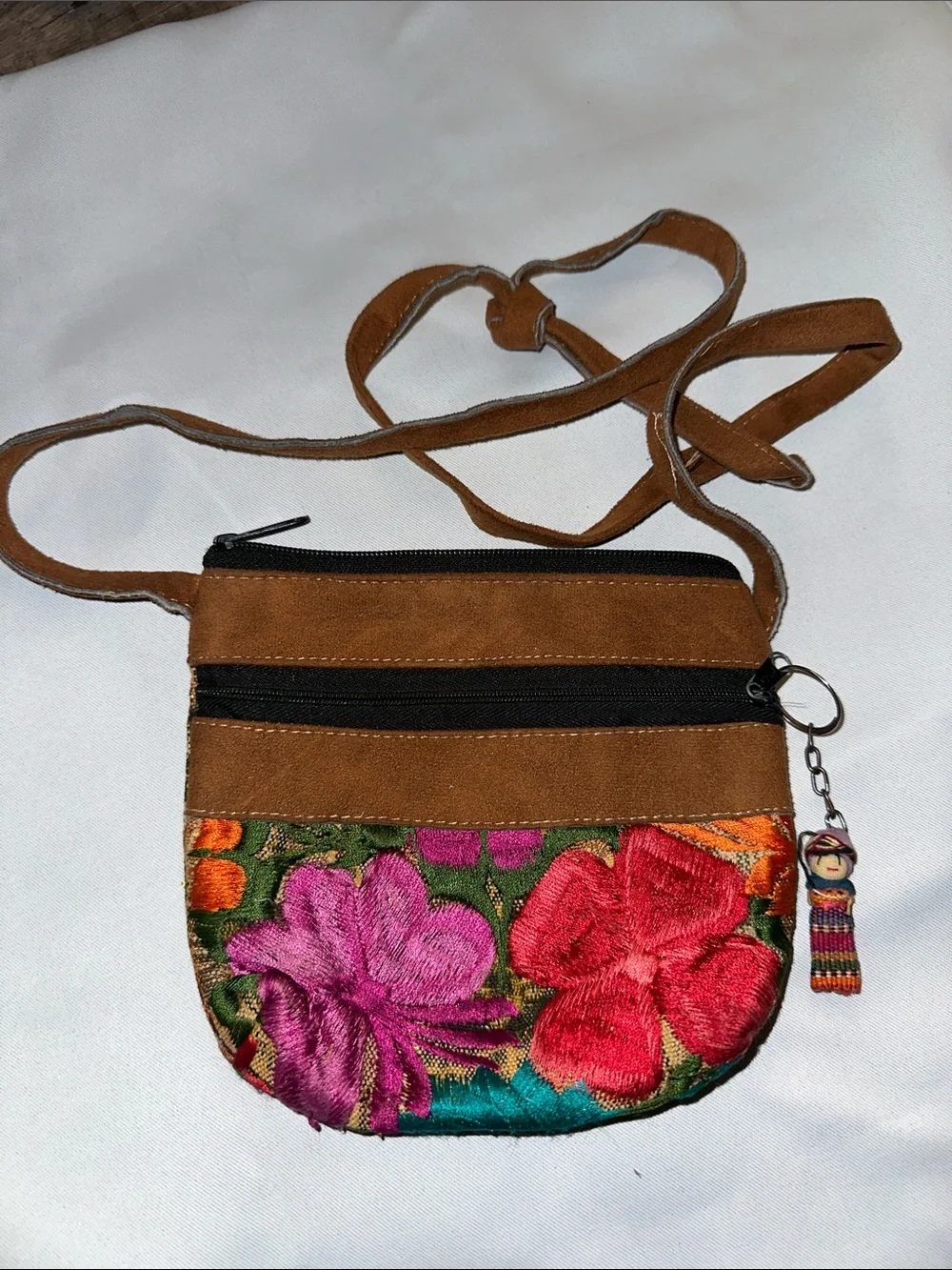 Embroidered Floral Crossbody Bag in Brown and Multicolor